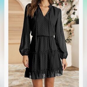 Btfbm ruffle tired s dot Black Long Sleeve Dress
